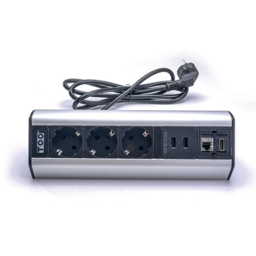 TOO DPS-114-3S IP20,3x 2P+F,2x USB-A,RJ45,HDMI, ezüst, asztalra rögzíthető elosztó