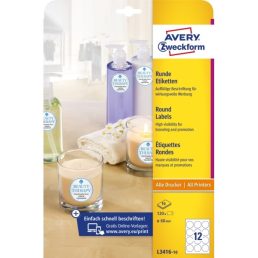   Avery L3416-10 60mm átmérőjű 120db-os fehér kör alakú öntapadó etikett