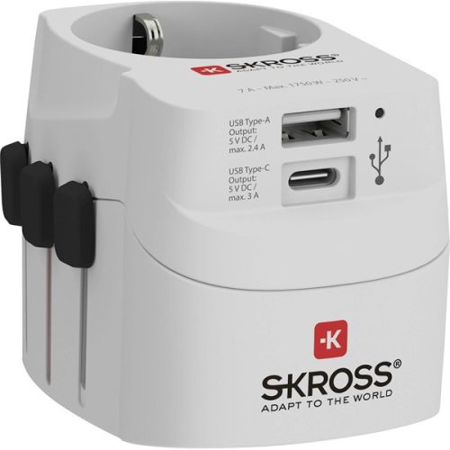 Skross PROLIGHTUSB-A-C USB/Type-C töltő bemenettel földelt világutazó adapter