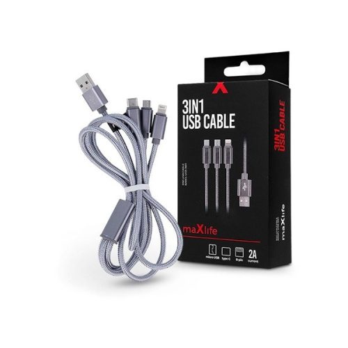 Maxlife TF-0168 1m 3in1 Lightning/microUSB/Type C 2A ezüst adat- és töltőkábel