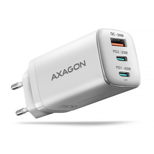 AXAGON ACU-DPQ65W 3x port (USB + dual USB-C), PD3.0/QC4+/PPS/Apple 65W fehér GaN töltő