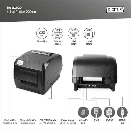 DIGITUS DA-81020 200dpi USB/RS232/LAN vonalkódnyomtató