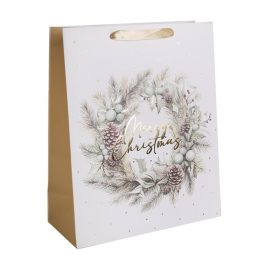   Iris boldog karácsonyt koszorú papírtasak matt fehér/arany 18*23 cm