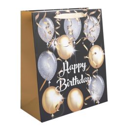   Iris papírtasak matt, "happy bithday" felirattal, fekete alapon, arany/ezüst lufik 26*32 cm