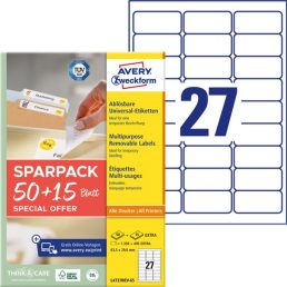   Avery L4737REV-65 63,5x29,6 mm visszaszedhető univerzális 50+15 lap 1755 db-os etikett