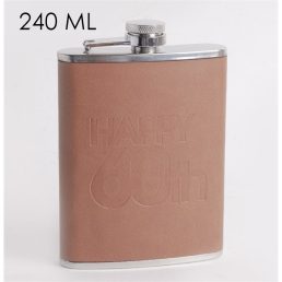   IRIS laposüveg, rozsdamentes acél, "happy 60th - boldog 60-at" felirat, barna műbőr 240ml