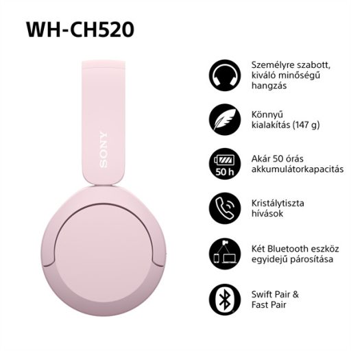 Sony WH-CH520 Bluetooth rózsaszín fejhallgató