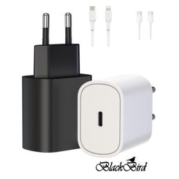   BLACKBIRD Hálózati Adapter T145 25W + Type-C + Lightning kábel 1m, Fehér