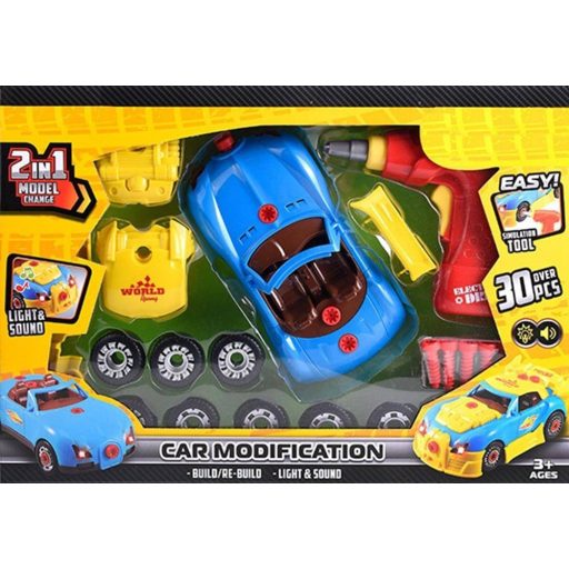 Szerelő gyermekjáték készlet, összerakható kisautóval