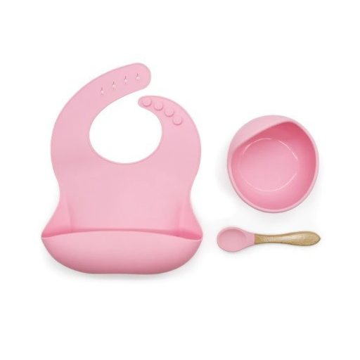 Szilikon étkészlet babáknak, állítható előke és vákuumtalpas tányér kanálkával