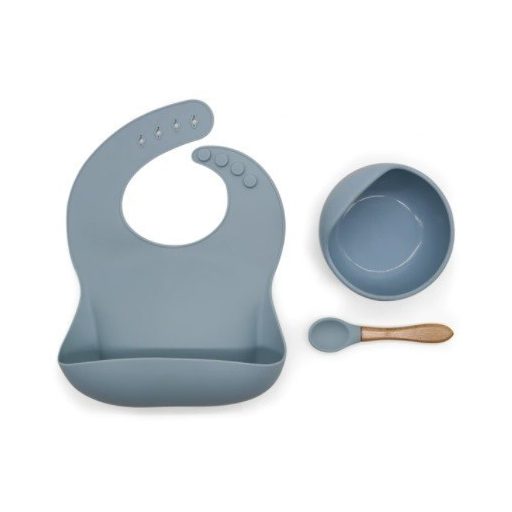 Szilikon étkészlet babáknak, állítható előke és vákuumtalpas tányér kanálkával