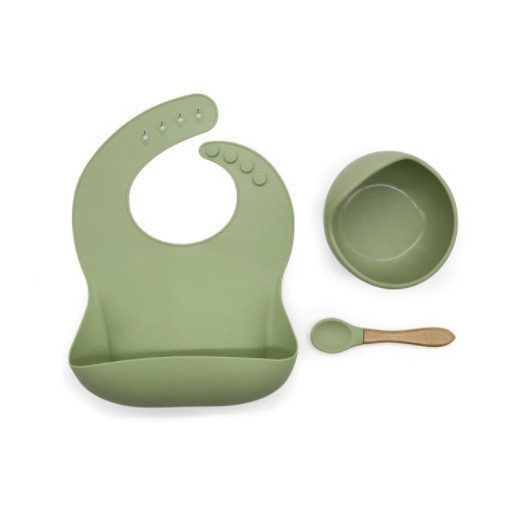 Szilikon étkészlet babáknak, állítható előke és vákuumtalpas tányér kanálkával