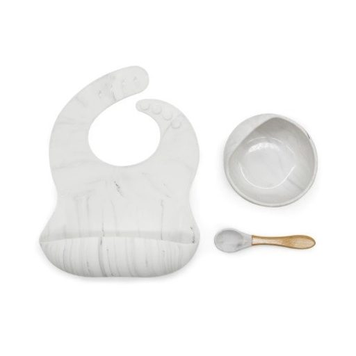 Szilikon étkészlet babáknak, állítható előke és vákuumtalpas tányér kanálkával