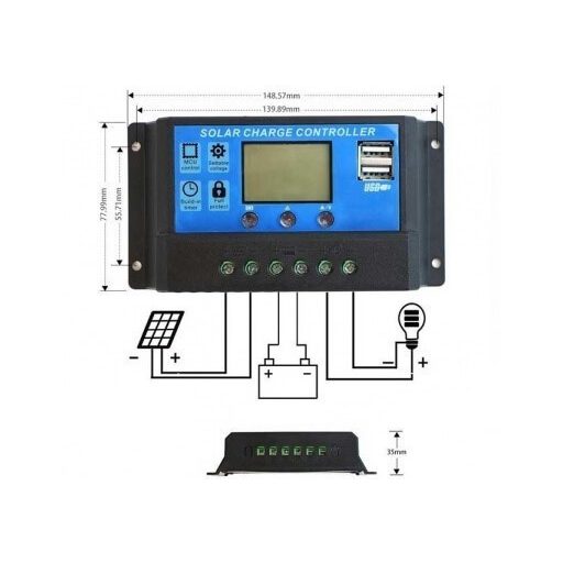 30A-es 36V Napelem töltésvezérlő USB kimenettel és LCD kijelzővel